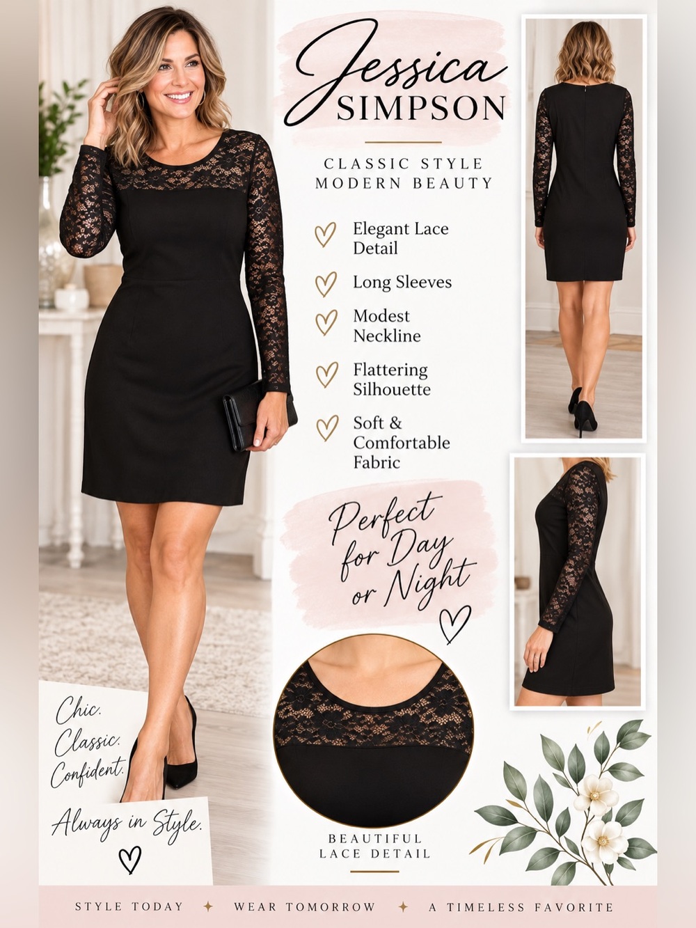 Jessica Simpson Black Lace Long Sleeve Sheath Dress NWT Size 12